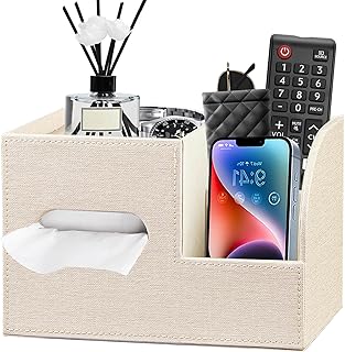 Leather Square Tissue Box Cover with Storage Tray,Cube Tissue Box Holder,Modern Facial Paper Organizer with Remote Control Holder for Bathroom,Vanity Countertop,End Table NightStand Home Office.Beige