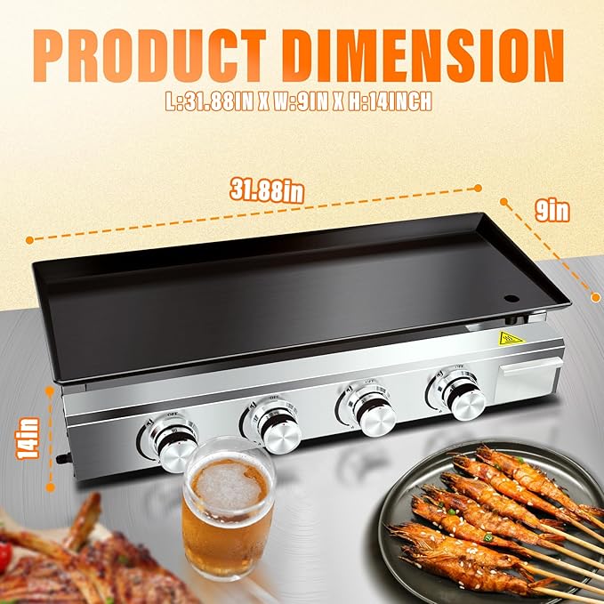 Burner Gas Griddle, 31.88 Inch Outdoor Propane Griddle, Portable Flat Top Grill, Flat Grills Outdoor Cooking, Plancha Para Cocinar, Outdoor BBQ, Camping Tailgating or Picnicking