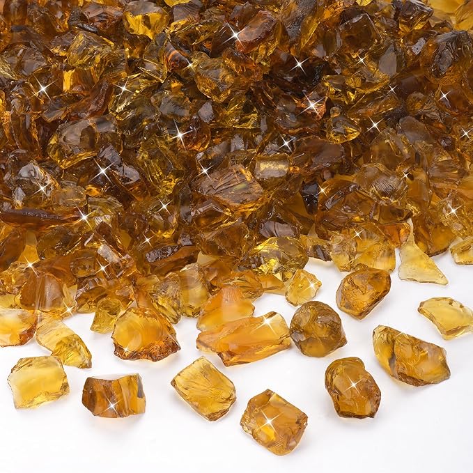 Mr. Fireglass Crushed Fire Glass for Natural or Propane Fire Pit, 10 Pounds Decorative Recycled Fireplace Glass Rocks for Fire Pit Fireplace and Landscaping, High Luster Amber