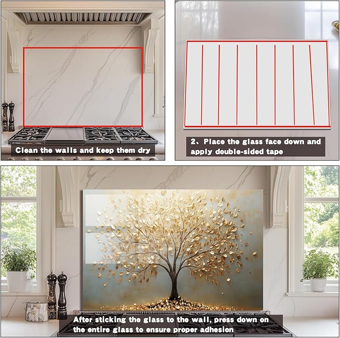 Evgosm tempered glass backsplash, Tree of Life Splashback, Glass Backsplash, Used for Kitchen Wall Protection and Decoration, Easy to Install and Clean. (30x14'')