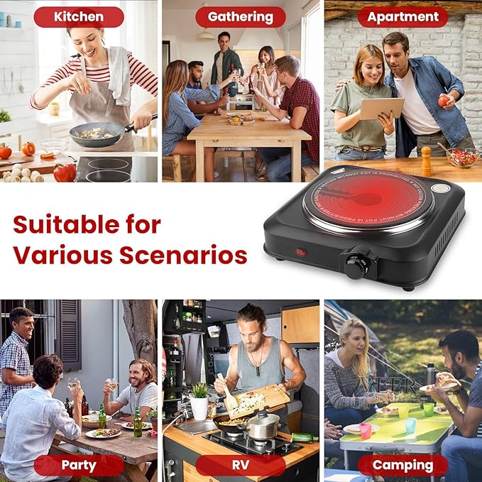 1200W Hot Plate, Electric Infrared Single Burner, Portable Stove Countertop Hotplate with 7.5” Glass Cooktop Stepless Temperature Adjustments for Home RV Camp, Compatible for All Cookwares