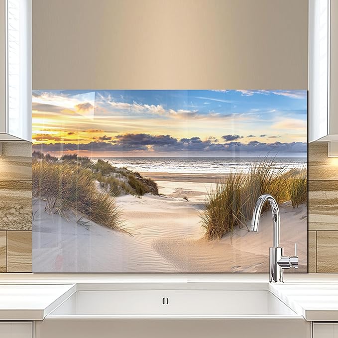 fzxwyishu Tempered Glass Backsplash for Kitchen,Stove Splashback Protector Beach Scenery Design | Heat-Resistant Splash Board, Kitchen Wall Decoration (Art Deco 1, 30"x24"(76.2x60.96cm))