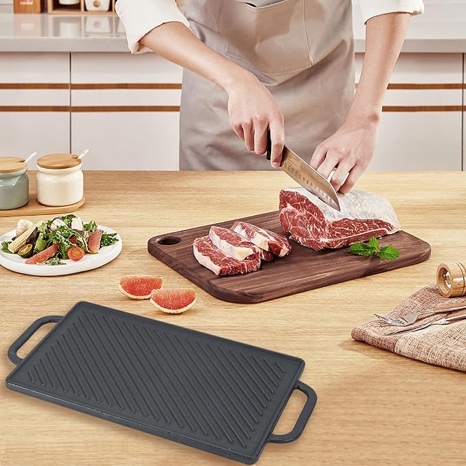 GasSaf Small Cast Iron Griddle 13x8.25 for Double Burner Stove Top, Double Sided Reversible Cooking Pan for Gas Grill Top Outdoor Camping, Gas Stovetop Grill Flat Griddle Pan Cast Iron Kitchen Cooking