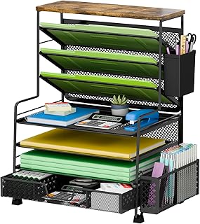 Ekisemio 8 Tier Desk File Organizer with Sliding Drawer, Desktop Organizers and Accessories, Letter Size File Organizer for Desk, Black