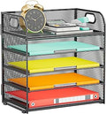 Paper Organizer Letter Tray with Handle, 5-Tier Black Stackable Desk Organizer with Metal Mesh, Sturdy Paper Tray for Office Desk, Home & Classroom Supplies Storage