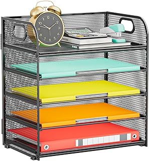 Paper Organizer Letter Tray with Handle, 5-Tier Black Stackable Desk Organizer with Metal Mesh, Sturdy Paper Tray for Office Desk, Home & Classroom Supplies Storage