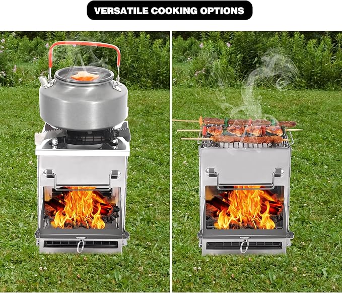 Large Portable Camping Wood Stove for Cooking, 304 Stainless Steel Folding Lightweight Wood Burning Stove with Grid and Pot Stand for Outdoor Camping Hiking Backpacking BBQ Picnic
