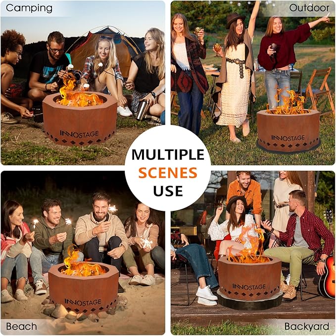 Outdoor Fire Pit - 24" Smokeless Wood Pellet Fire Pits Large for 4-6 People Campfire-Weathering Steel Material