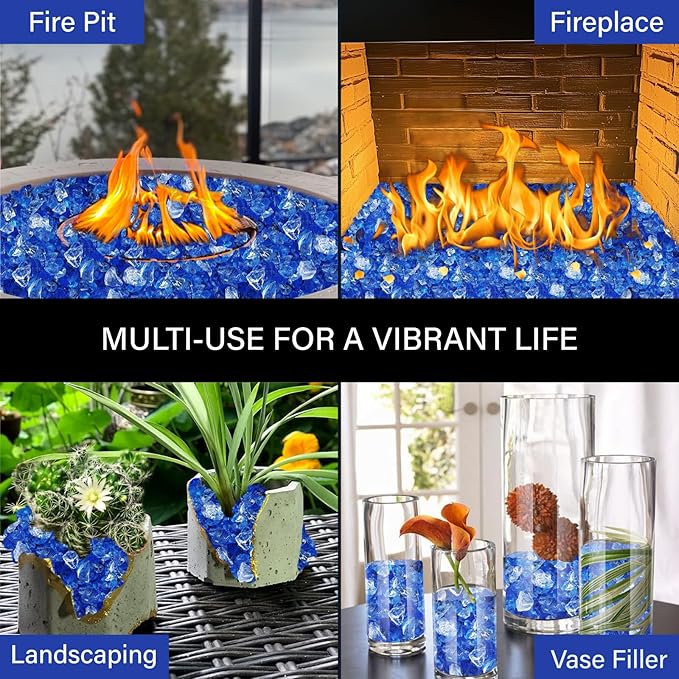 NUPICK Fire Glass - 20 Pound Mixed Bahama Blend for Fire Pit & Gas Fireplace, 1/2-3/4 Inch Tempered Glass Rock in Blue and White