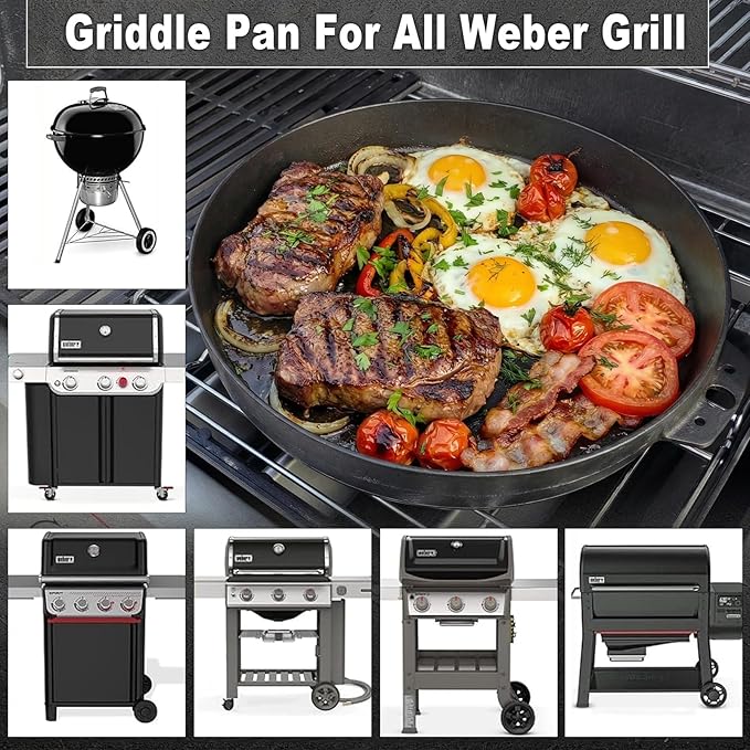 Cast Iron Griddle Gourmet BBQ Griddle 7421 for Weber 22 Inch Charcoal Grill, Cast Iron 13" Griddle Pan Easy To Clean Cast Iron Skillets Use In The Oven, On The Stove or Grill, Over A Campfire