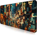 Cute Japanese Street Desk Mat, Anime Tokyo Street Night Scene Large Mouse Mat XXL, Computer Desk Mat 35.4 x 15.7 x 0.12 Inches