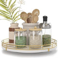 10" Wooden Lazy Susan Turntable for Cabinet – Rotating Spice Rack Organizer, Small Kitchen Countertop Tray for Dining Table & Pantry Storage (White & Gold)