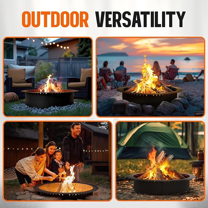 IDZO Fire Pit Ring 42 inch Outer, 36 inch Inner Diameter with Air Venting Holes, 10 inch Height Steel Fire Pit Insert for Smokeless DIY Campfire, Outdoor In-Ground or Above Ground Use
