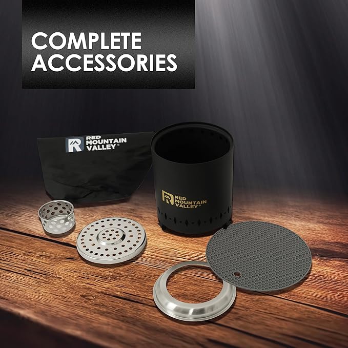 Red Mountain Valley Smokeless Tabletop Fire Pit with Mat, Portable Mini Low Smoke Camping Stove with Travel Bag and Fireproof Mat, Stainless Steel Black, for Outdoor Enthusiasts