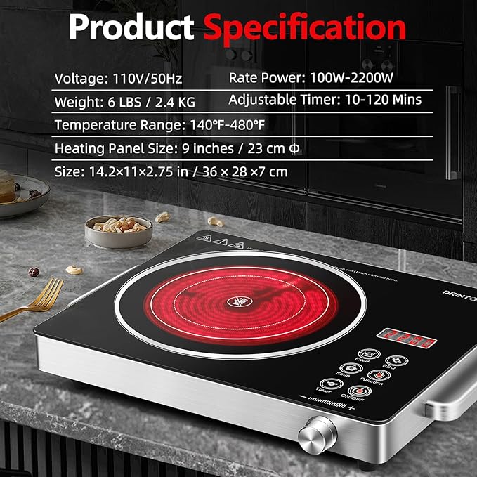 Electric Cooktop Hot Plate, 2200W 110V Electric Single Burner with 2H Timer, Adjustable Temperature for Countertop Cooking, Portable Stove Top Infrared Cooker, Compatible for All Cookwares
