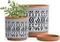 D'vine Dev Set of 2 Terracotta Pots, Diamond Pattern Planter Pot, 4 Inch and 6 Inch, Pot with Drainage Hole and Saucer, Terracotta/Black, 31-958-G-2