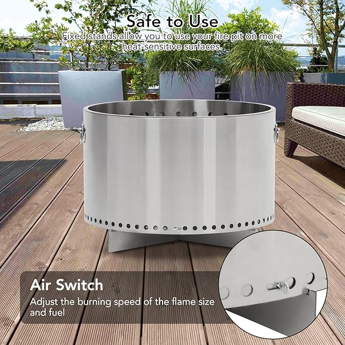 20.5 in Smokeless Fire Pit with Air Switch and Handle, Wood Burning Portable Stainless Steel Outdoor Firepit with Removable Stand and Ash Pan, Ideal for Camping Backyard Patio, H: 11.5 in, 18.8 LBS