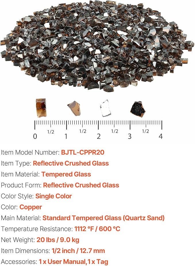 VEVOR Fire Glass, 20 lbs, Copper, 1/2 Inch High-Temperature Resistant Reflective Glass Rocks, Smokeless Fire Pit Stones for Outdoor Table & Landscaping