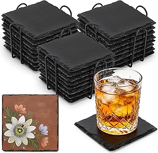 ZOOFOX 24 Pieces Drink Coasters, 4 Inch Square Slate Stone Coaster with 3 Holders, Handmade Coasters Set for Bar Kitchen Home Decor