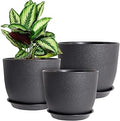 WOUSIWER Plant Pots 10/9/8 inch, Set of 3 Modern Decorative Plastic Planters with Drainage Holes and Saucers for House Plants Indoor Flowers Plants, Black