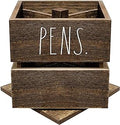 Rae Dunn Pencil Cup - Wooden Pen Holder Desktop Organizer - Small Rustic Wood Desk Top Caddy for Office Accessories and Supplies - Organization for Home, School, Classroom, Work - Square Dark Brown