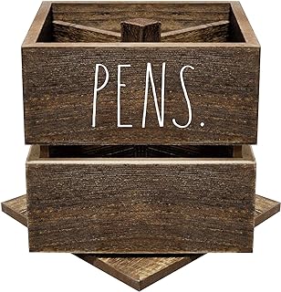 Rae Dunn Pencil Cup - Wooden Pen Holder Desktop Organizer - Small Rustic Wood Desk Top Caddy for Office Accessories and Supplies - Organization for Home, School, Classroom, Work - Square Dark Brown