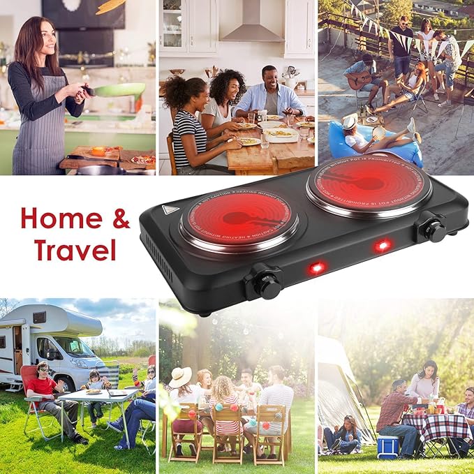 Infrared Double Burner, 2000W Electric Hot Plate, Portable Heating Cooking Stove, Countertop Burner with 7.5” & 6.3” Glass Plate Electric Cooktop with Stepless Temperature Adjustments