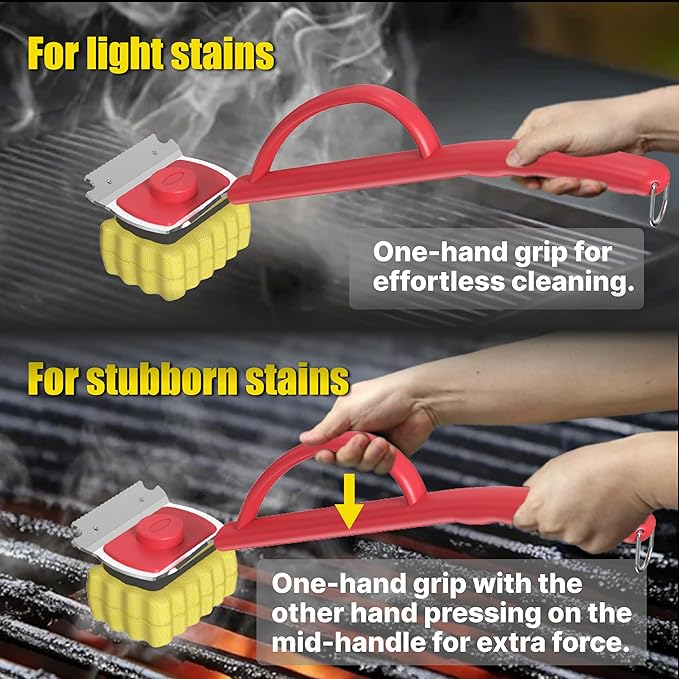 Grill Brush Bristle Free, BBQ Replaceable Cleaning Head with 18" Extended Handle, Unique Seamless-Fit Scraper Tool for Cast Iron/Stainless-Steel Grates, Durable Barbecue Cleaner(Red)