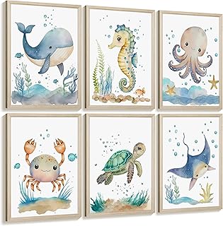 Nursery Sea Animal Wall Decor Set of 6 Ocean Watercolor Canvas Wall Art Baby Boys Room Wall Art Ocean Sea Animal Pictures Kids Girl Art Prints Nursery Artwork for Bedroom 12x16 Inch Framed