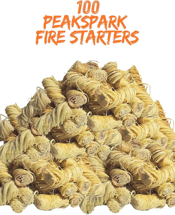 PeakSpark Natural Fire Starters – 100 Wax-Infused Wood Fiber Fire Starter Sticks for Camping, BBQ, Fire Pits, Fireplaces & Wood Stoves | Easy to Light, Smokeless, Long-Burning, Eco-Friendly.
