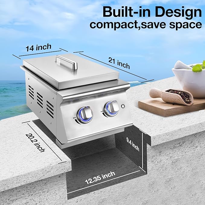 Double Grilling Side Burners for Outdoor Grill, Sturdy 304 Stainless Steel, with Liquid Propane Kit, Drop-in Side Burner for Outdoor Kitchen BBQ Island, 2 * 15,000BTU Natural Gas Side Burner