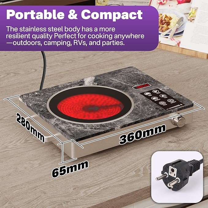 1800W Single Burner Electric Cooktop, Portable Infrared Ceramic Hot Plate with Marble Glass, Touch & Knob Control, Plug-in Stove for All Flat Cookware