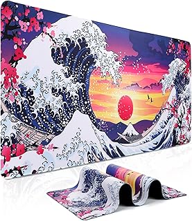 XXL Large Gaming Mouse Pad - Japanese Sea Waves Mouse Pad 35.4" x 15.7" Extended Desk Mat with Stitched Edges, Non-Slip Base Water Resist Keyboard Pad, Big Mouse Pad for Gamer, Office, Home