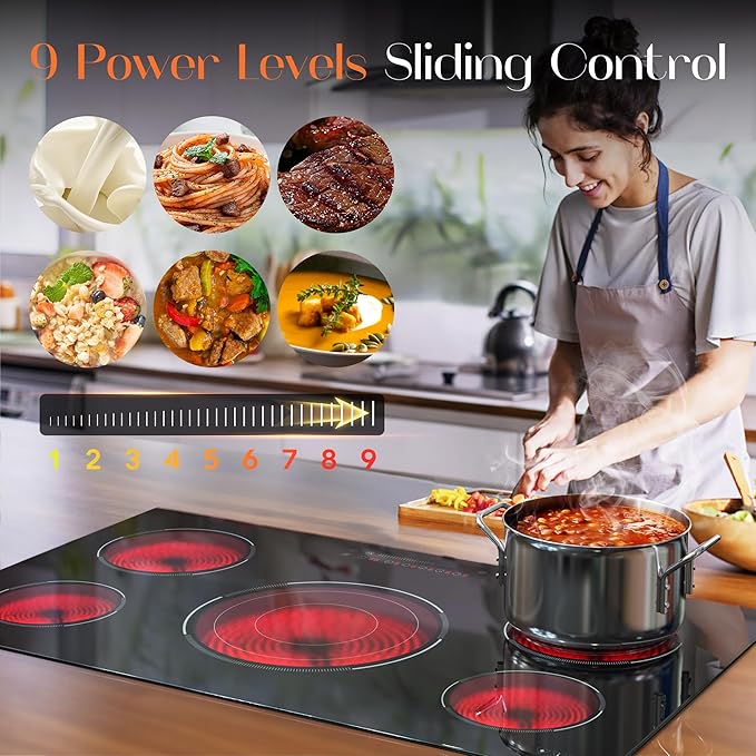36 Inch Electric Cooktop, 5 Burner Electric Cooktop Bulit in, 9200W, 9 Power Levels, Electrics Stove with Timer, Safety Lock, Pause, 220V-240V Hard Wire