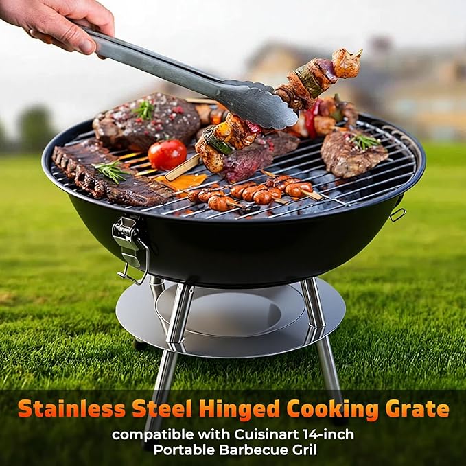 Stainless Steel Hinged Cooking Grate Charcoal Grate compatible with Cuisinart 14-inch Portable Barbecue Grill (A set)