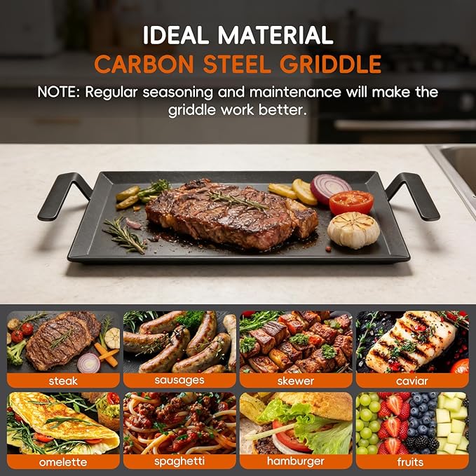 XUDAKAIXIN Carbon Steel Griddle + Grill Press | Professional-Grade Seasoned Cookware | Induction, Gas & Oven Compatible (Up to 1200°F) | Long-Lasting & Durable