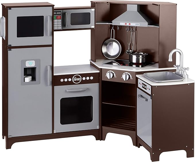 Amazon Basics Kids Corner Interactive Wooden Play Kitchen Set, Stove, Oven, Sink, Fridge and Accessories for Toddlers, Preschoolers, Children Age 3+ Years, Espresso/Gray, 39.37"L x 28.35"W x 35.04"H