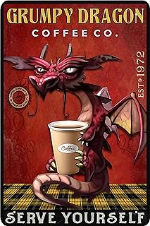 Dragon Wall Decor Tin Sign and Coffee Wall Decor Tin Sign - Grumpy Dragon Coffee co. Serve Yourse - Kitchen Metal Sign Vintage Bar Home Bathroom Wall Decoration Sign Art 8x12 Inch