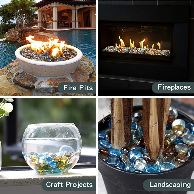Mr. Fireglass 10 Pound Blended Fire Glass Beads, 1/2" High Luster Mixed Colored Fire Glass Drops for Fireplace Fire Pit & Lanscaping, Caribbean Blue, Crystal Ice, Caramel