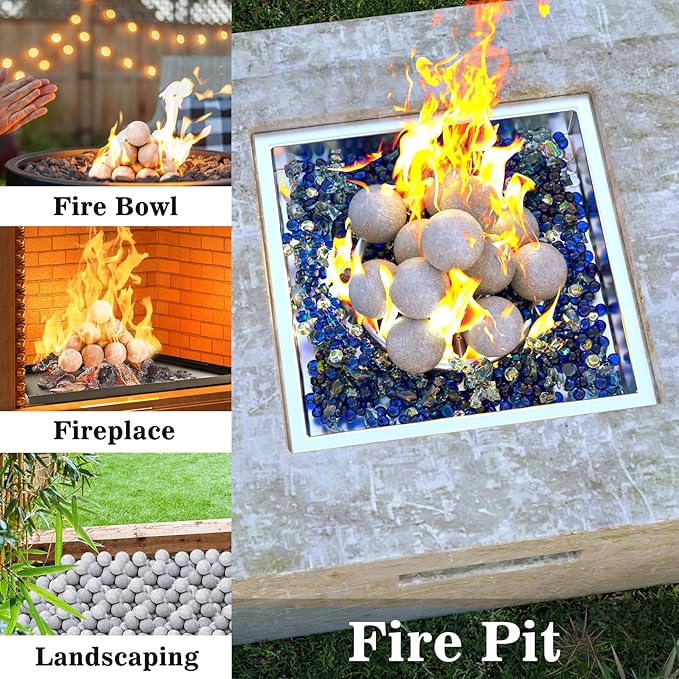 GRISUN 4-Inch Grey Round Ceramic Fire Balls – Tempered Firepit Spheres for Natural & Propane Fireplaces, Safe for Indoor & Outdoor Use, Reusable Set of 12 Decorative Fire Pit Accessories