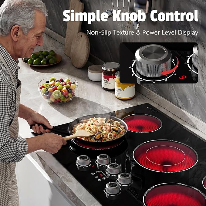 30 Inch Electric Cooktop Karienvir, 5 Burner Cooktop 8500W Built-in Electric Stove Top, Anti-slip Knob & Touch Control, Dual-Ring Burner, 30" Safety Lock, Timer, 220V Hardwired