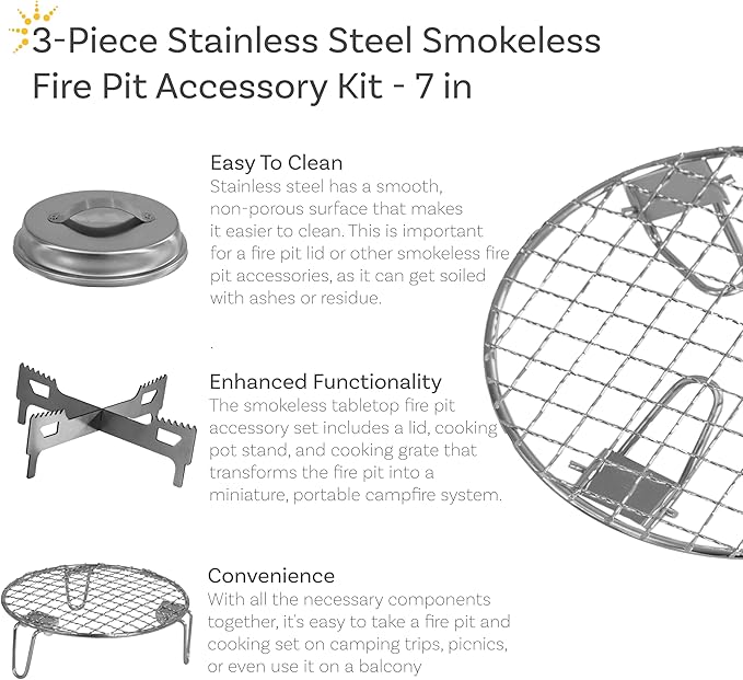 Sunnydaze 3-Piece Smokeless Tabletop Fire Pit Accessory Kit - Round Lid, Portable Fire Pit Stand, and Cooking Grate - Stainless Steel - 7.25"