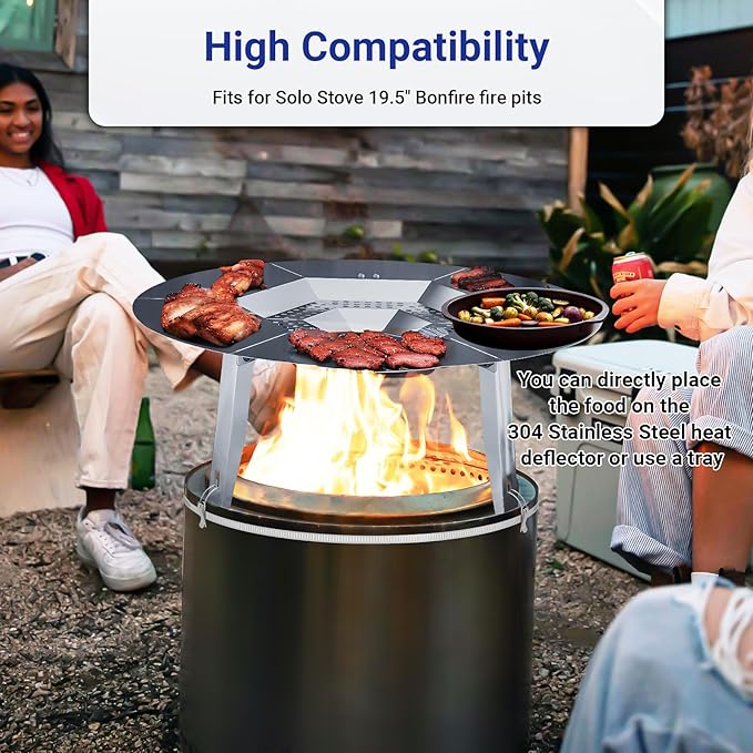 Heat Deflector Fit for Solo Stove Bonfire 19.5", 304 Stainless Steel Heat Diffuser for Bonfire Fire Pit with Grill Gloves & Fix Hoop, Capture and Redirect Warmth, Camping Accessory