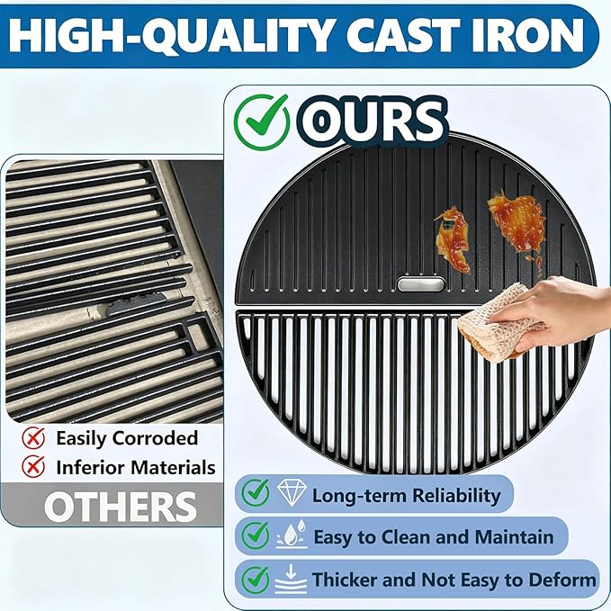 SafBbcue 18" Griddle & Grate for Kamado Joe Grill Parts Classic I, II, III Series Large Big Green Egg Grate, Vision Grill VGKSS-CC2 Accessories and Other Kamado Grill Cast Iron