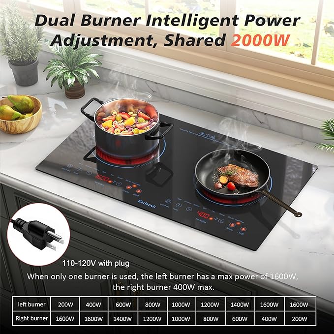 2 Burner Electric Cooktop 110v, 24 Inch Electric Stove Countertop & Built-in, Plug-in Electrics Cooktop, 8 Power Levels & 8 Functions, Touch Control, Safety Lock, Timer, 2000W, Blue