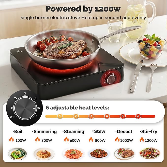 Portable Single Burner Electric Cooktop, 1200W 110-120V Countertop Hot Plate with Knob Control & 6 Power Levels, Black Crystal Glass Surface, Compatible with All Cookware, for Home Camping