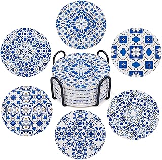 Ceramic Coasters for Drinks Absorbent - Metal Holder Set, Dry & Clean, Anti-Slip Cork Bottom - Blue and White Porcelain, Perfect for Living Room, Kitchen, or Outdoor Use