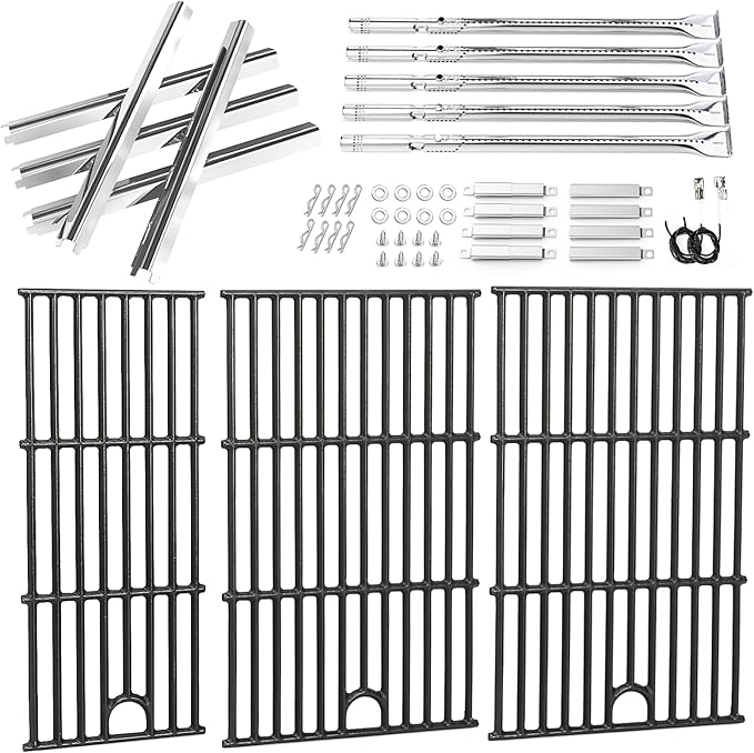 Uniflasy Grill Parts for Charbroil Performance 5 Burner 463448021 463449021 463451022 Cast Iron Grill Grates Stainless Steel Burners, Heat Plates, Igniter & Crossover Tubes
