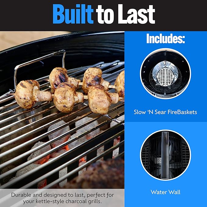 SnS Grills Slow ’N Sear FireBaskets with Water Pan – Heavy Duty Stainless Steel Charcoal Basket for 22" Weber & Similar Kettle Grills – Two Zone Cooking & Heat Management