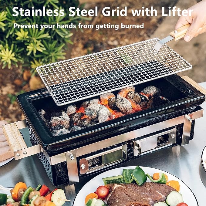 ONLYFIRE GRILLS Charcoal BBQ Hibachi Grill with Grid Lifter, Portable Yakitori Grill with Stainless Steel Grate, Barbecue Stove for Outdoor Camping Picnic Patio Backyard Cooking, GS306